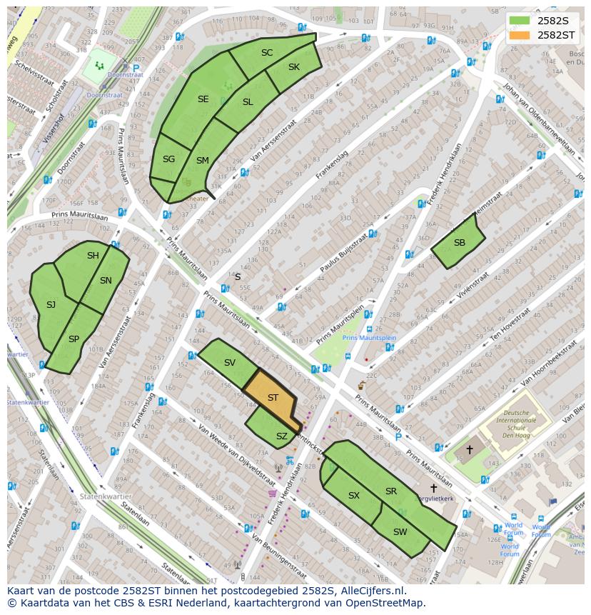 Afbeelding van het postcodegebied 2582 ST op de kaart.
