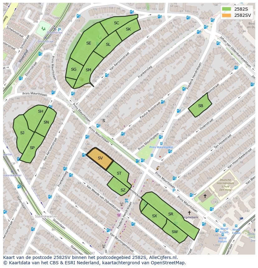 Afbeelding van het postcodegebied 2582 SV op de kaart.