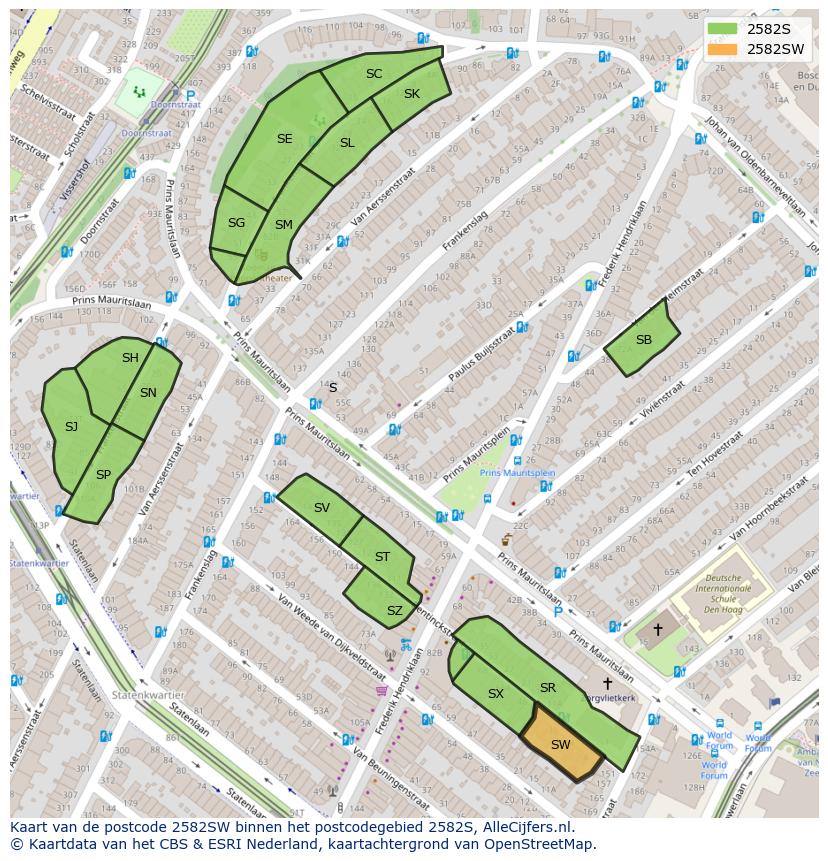 Afbeelding van het postcodegebied 2582 SW op de kaart.