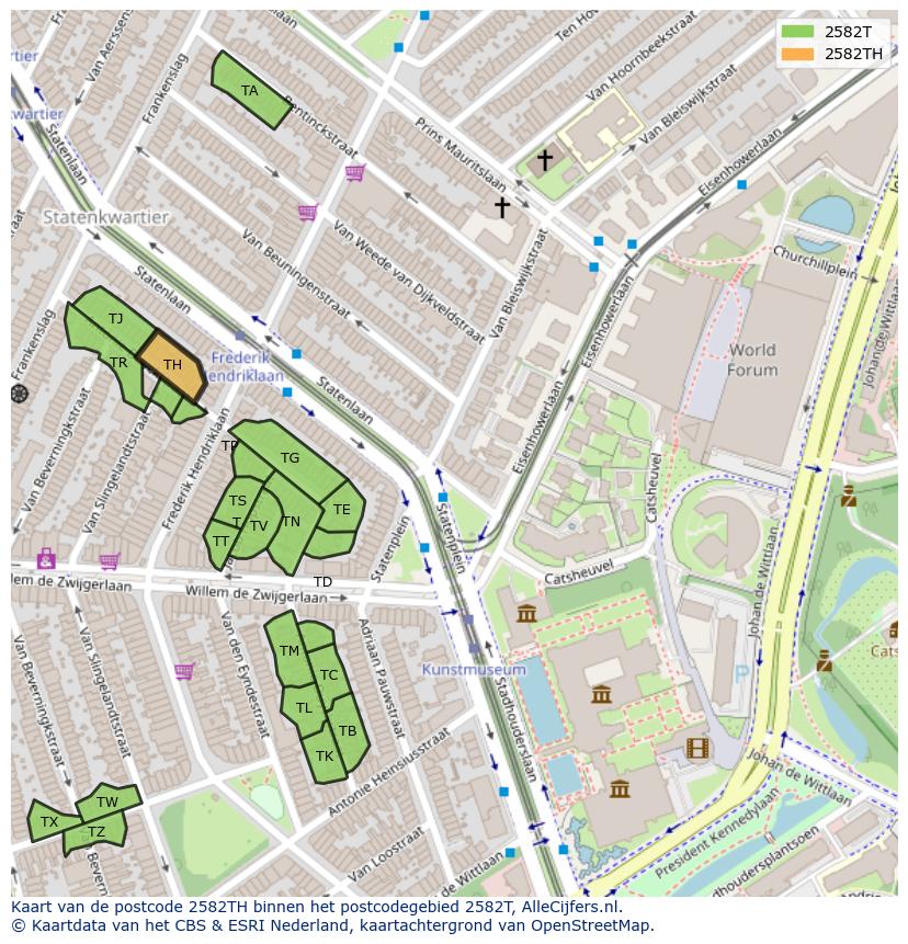 Afbeelding van het postcodegebied 2582 TH op de kaart.