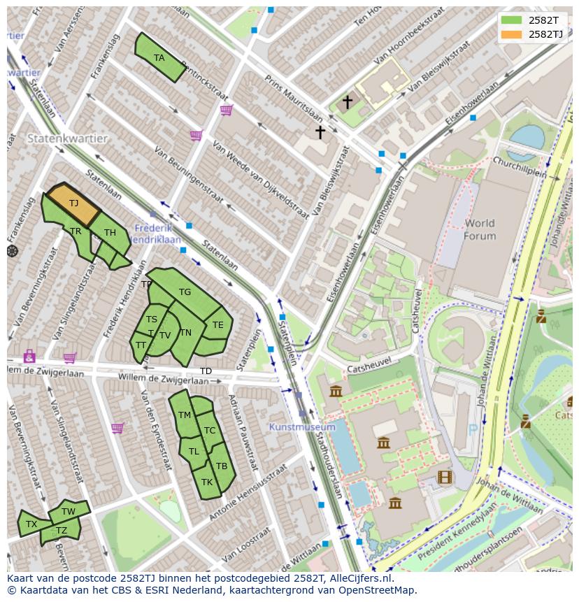 Afbeelding van het postcodegebied 2582 TJ op de kaart.