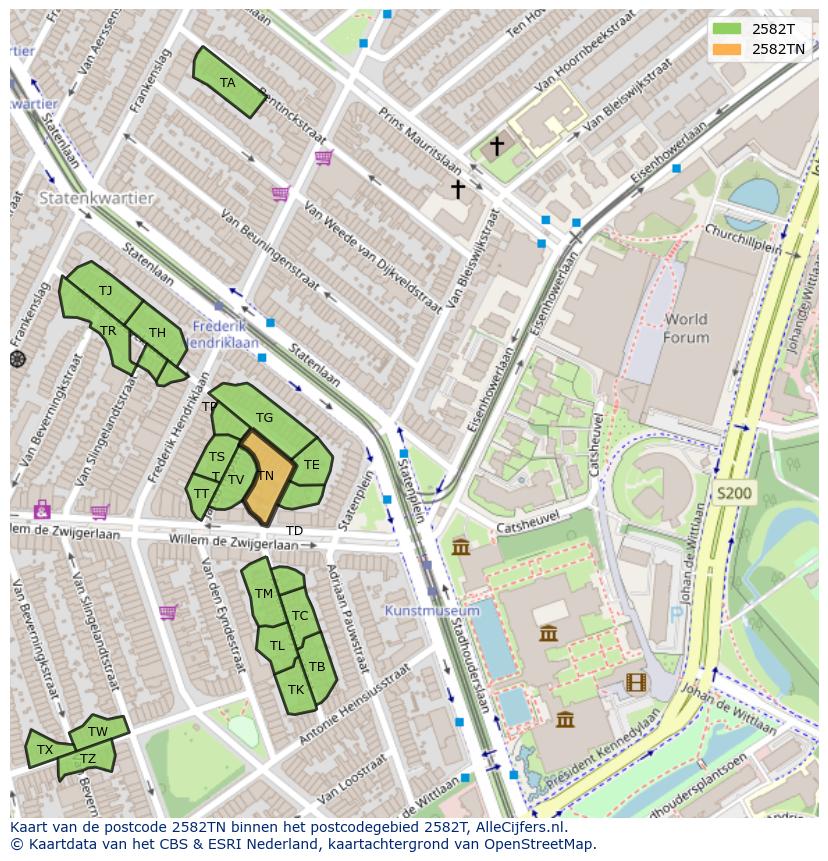 Afbeelding van het postcodegebied 2582 TN op de kaart.