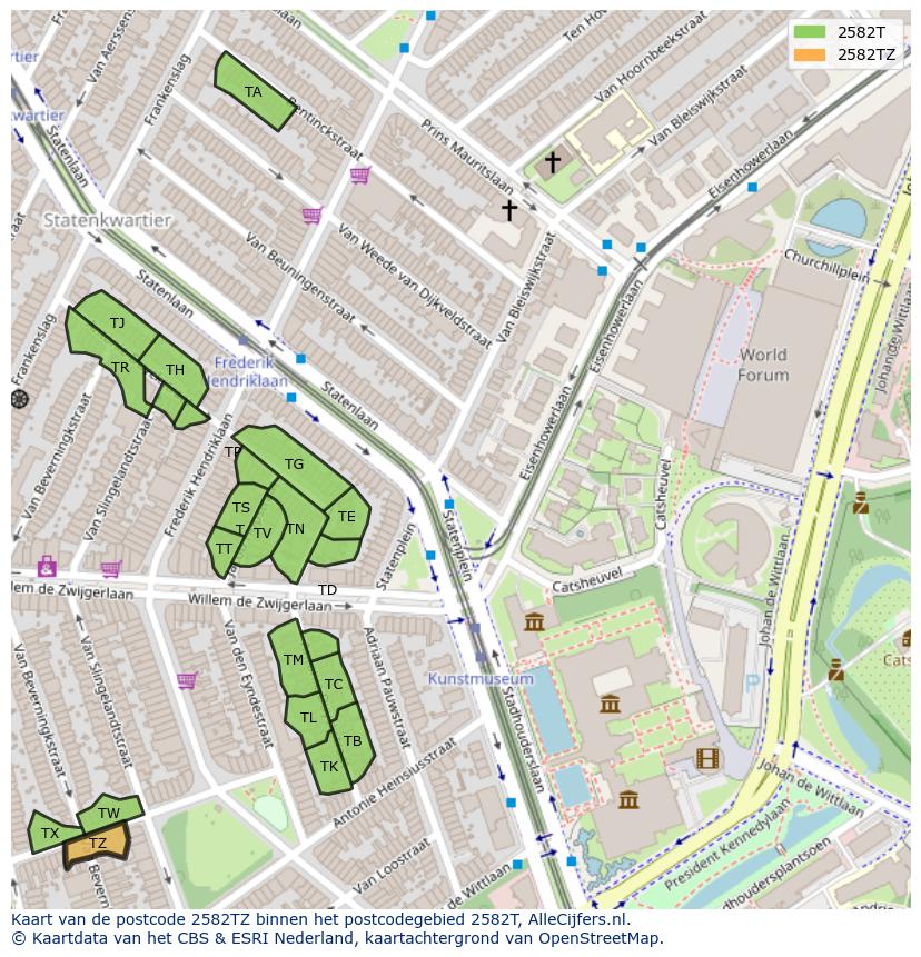 Afbeelding van het postcodegebied 2582 TZ op de kaart.