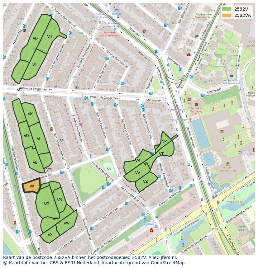 Afbeelding van het postcodegebied 2582 VA op de kaart.
