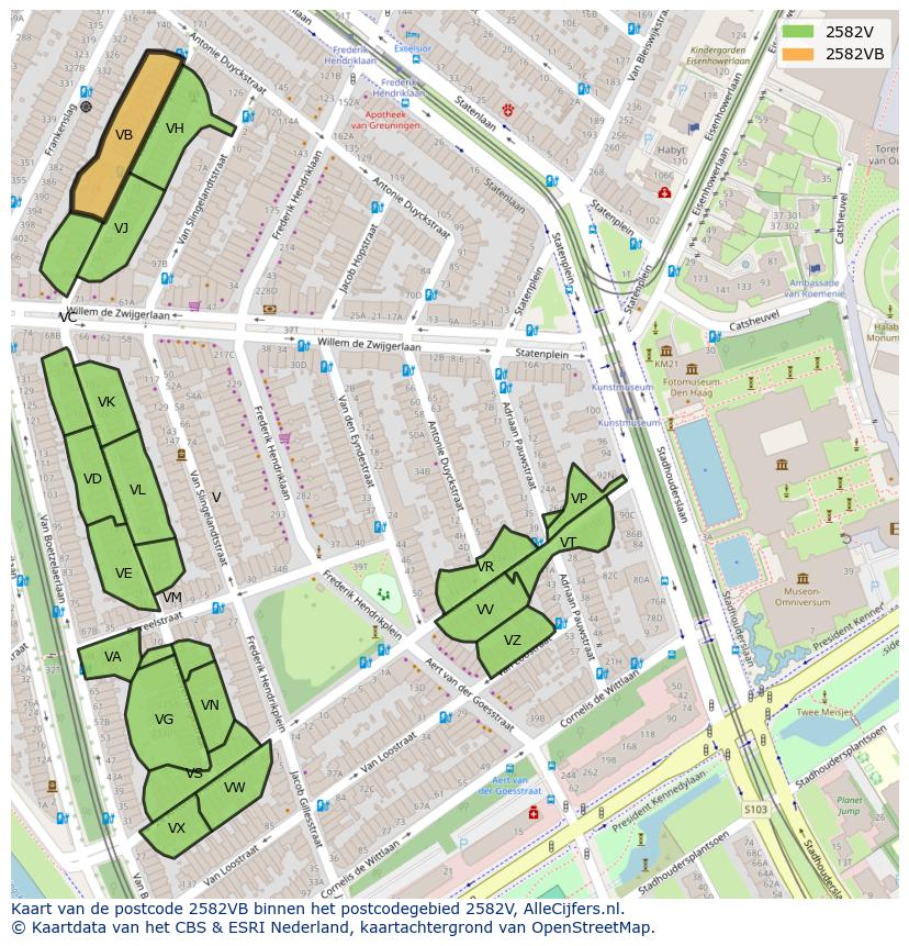 Afbeelding van het postcodegebied 2582 VB op de kaart.
