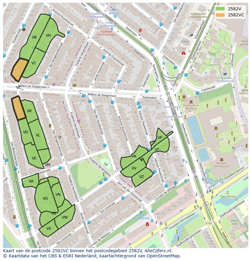 Afbeelding van het postcodegebied 2582 VC op de kaart.