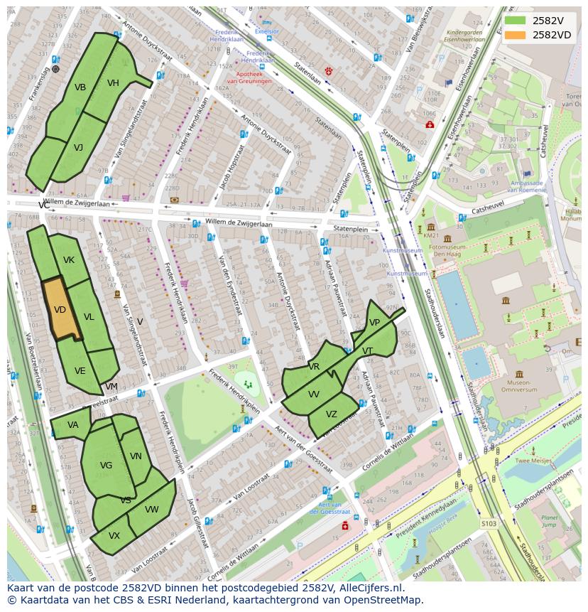 Afbeelding van het postcodegebied 2582 VD op de kaart.