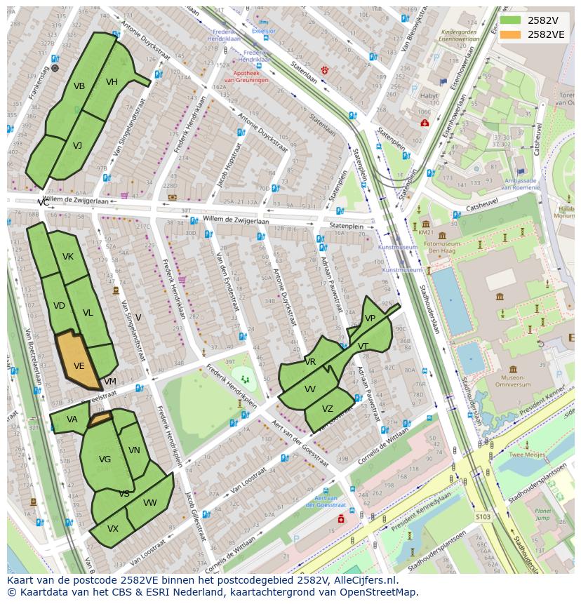 Afbeelding van het postcodegebied 2582 VE op de kaart.