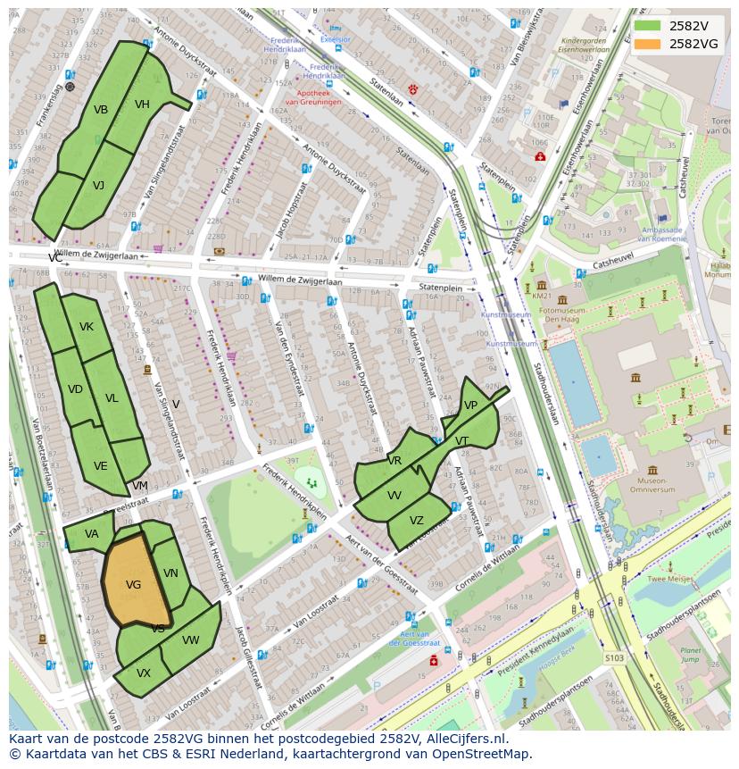 Afbeelding van het postcodegebied 2582 VG op de kaart.