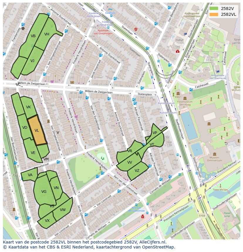 Afbeelding van het postcodegebied 2582 VL op de kaart.