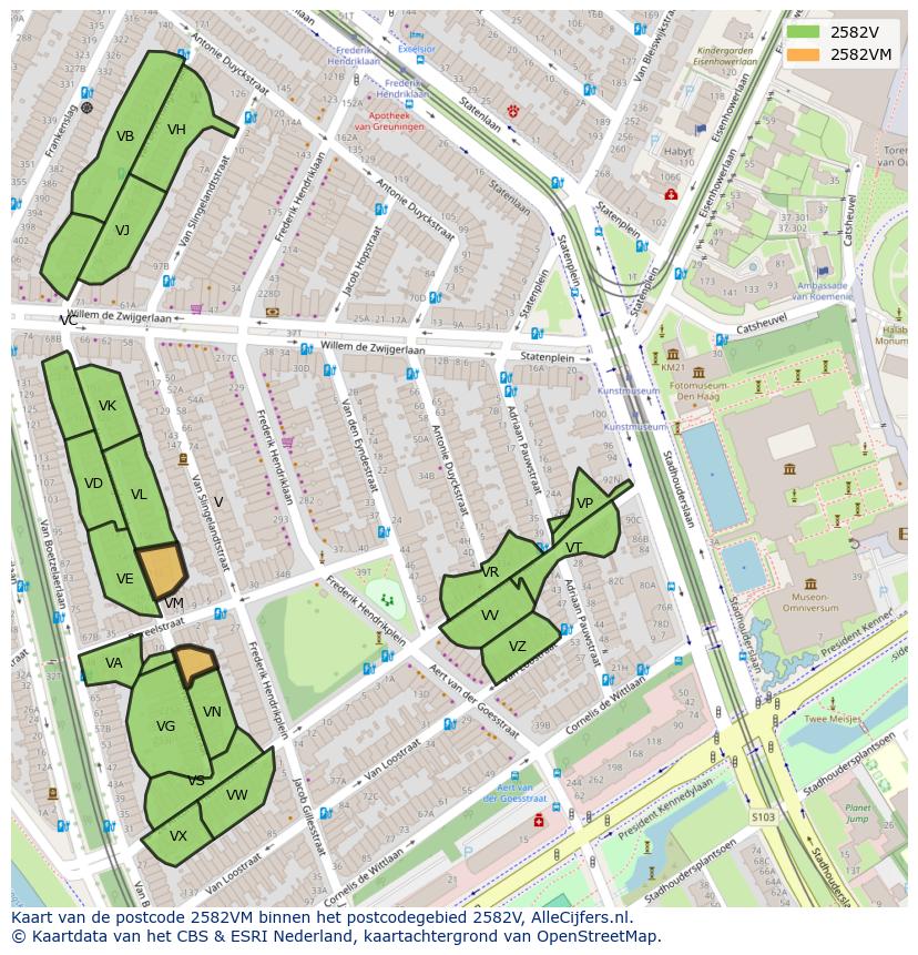 Afbeelding van het postcodegebied 2582 VM op de kaart.