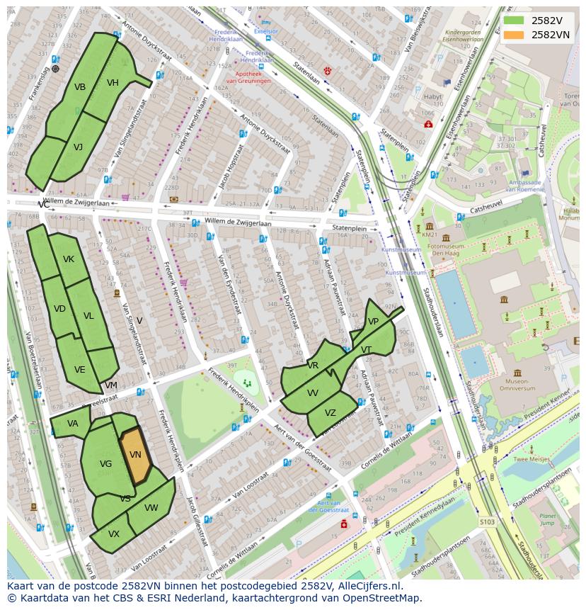 Afbeelding van het postcodegebied 2582 VN op de kaart.