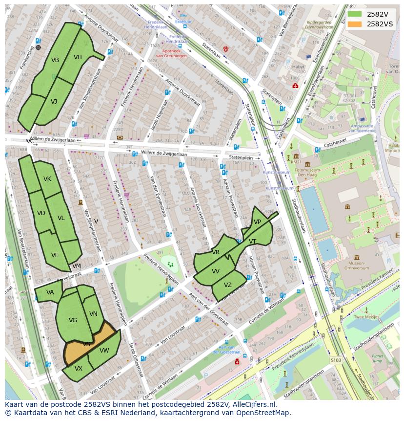 Afbeelding van het postcodegebied 2582 VS op de kaart.
