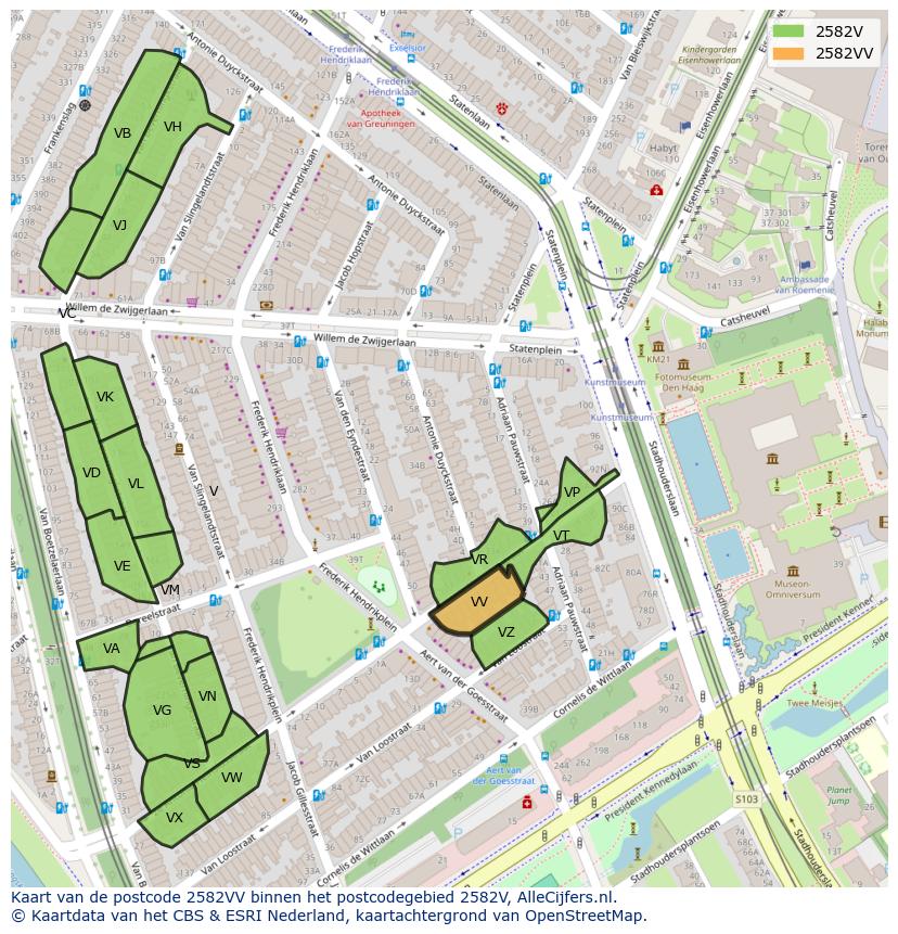 Afbeelding van het postcodegebied 2582 VV op de kaart.