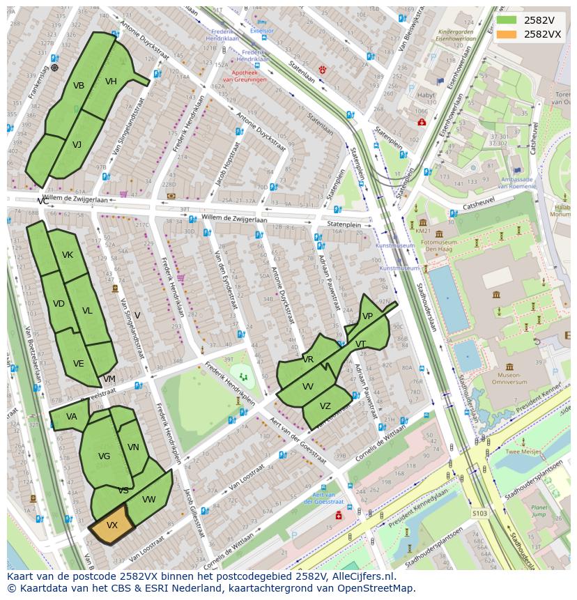 Afbeelding van het postcodegebied 2582 VX op de kaart.