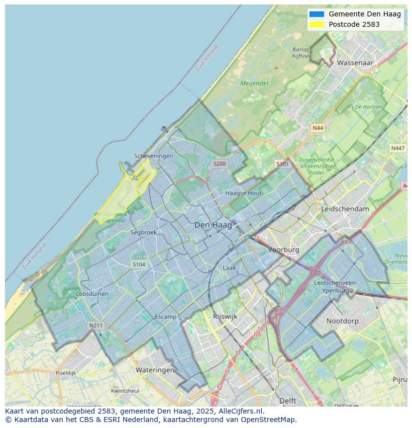 Afbeelding van het postcodegebied 2583 op de kaart.