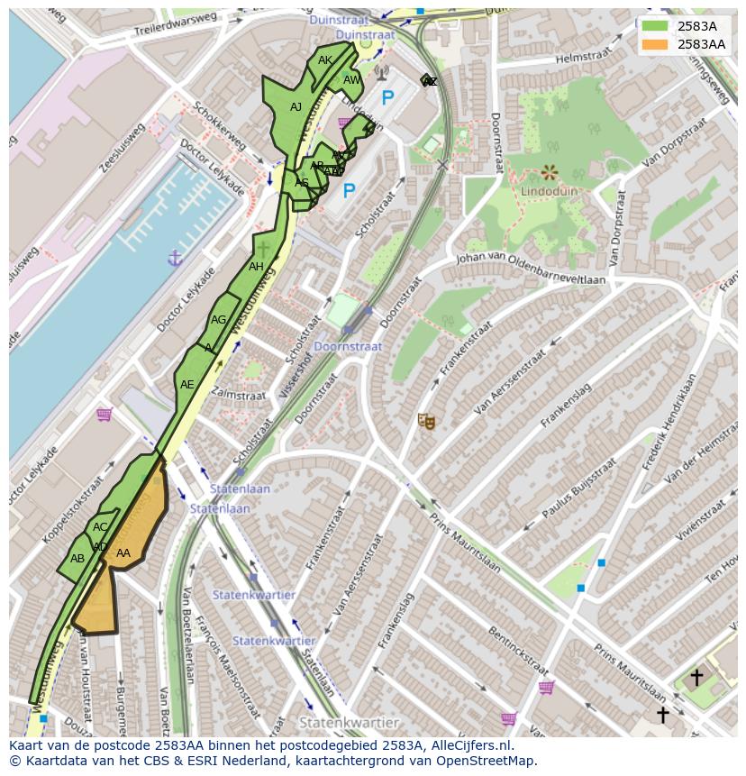 Afbeelding van het postcodegebied 2583 AA op de kaart.