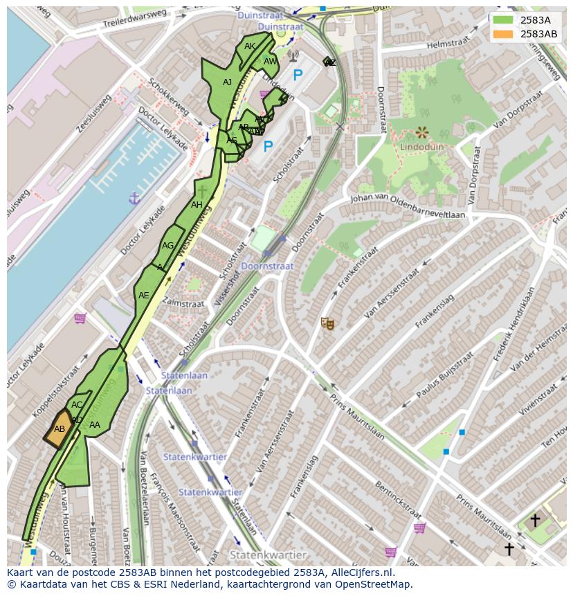 Afbeelding van het postcodegebied 2583 AB op de kaart.