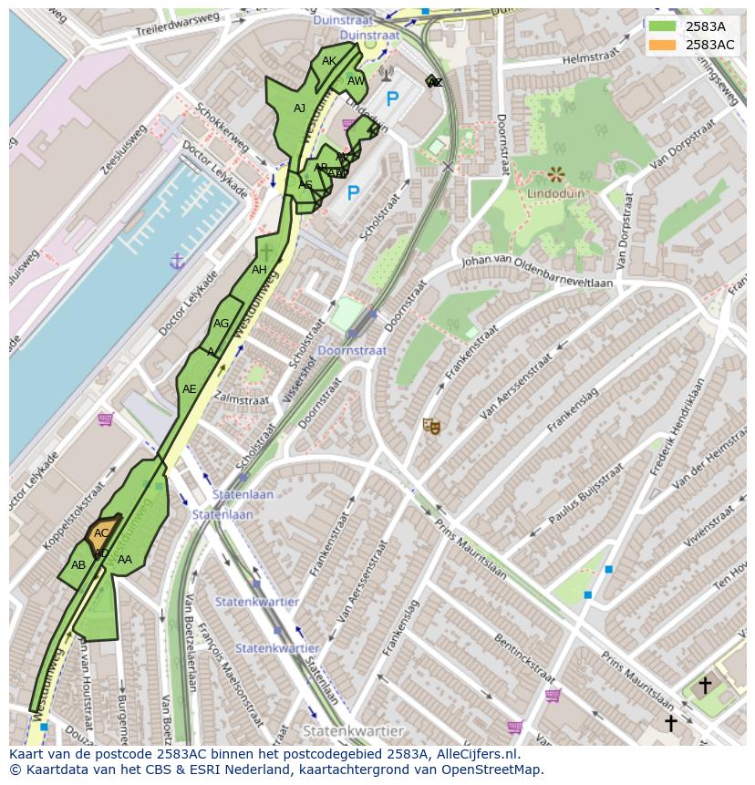 Afbeelding van het postcodegebied 2583 AC op de kaart.