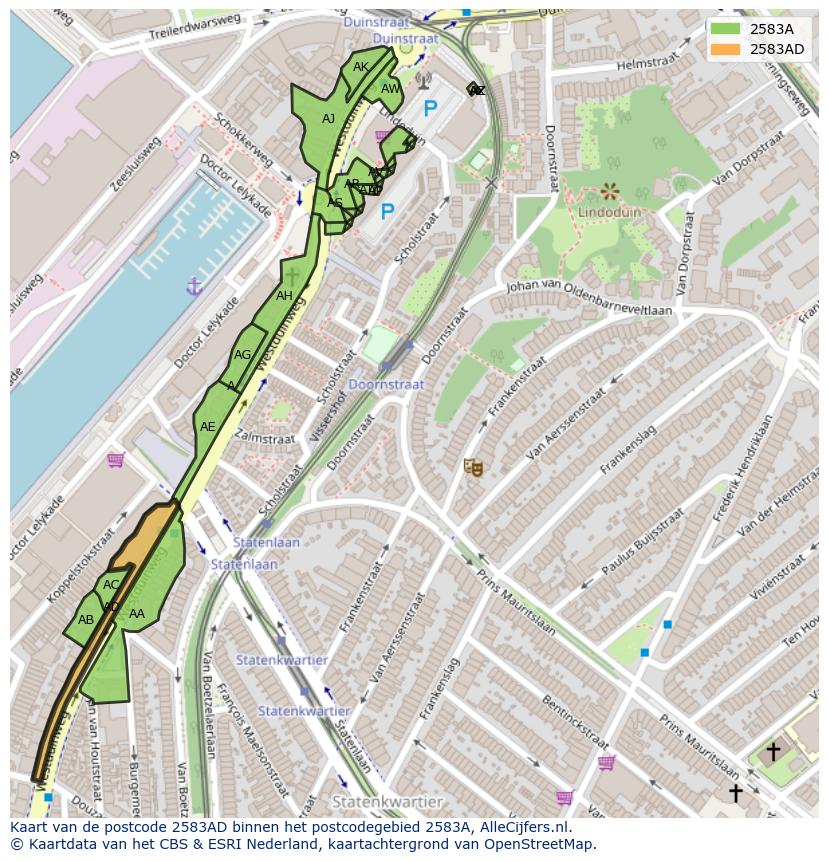 Afbeelding van het postcodegebied 2583 AD op de kaart.