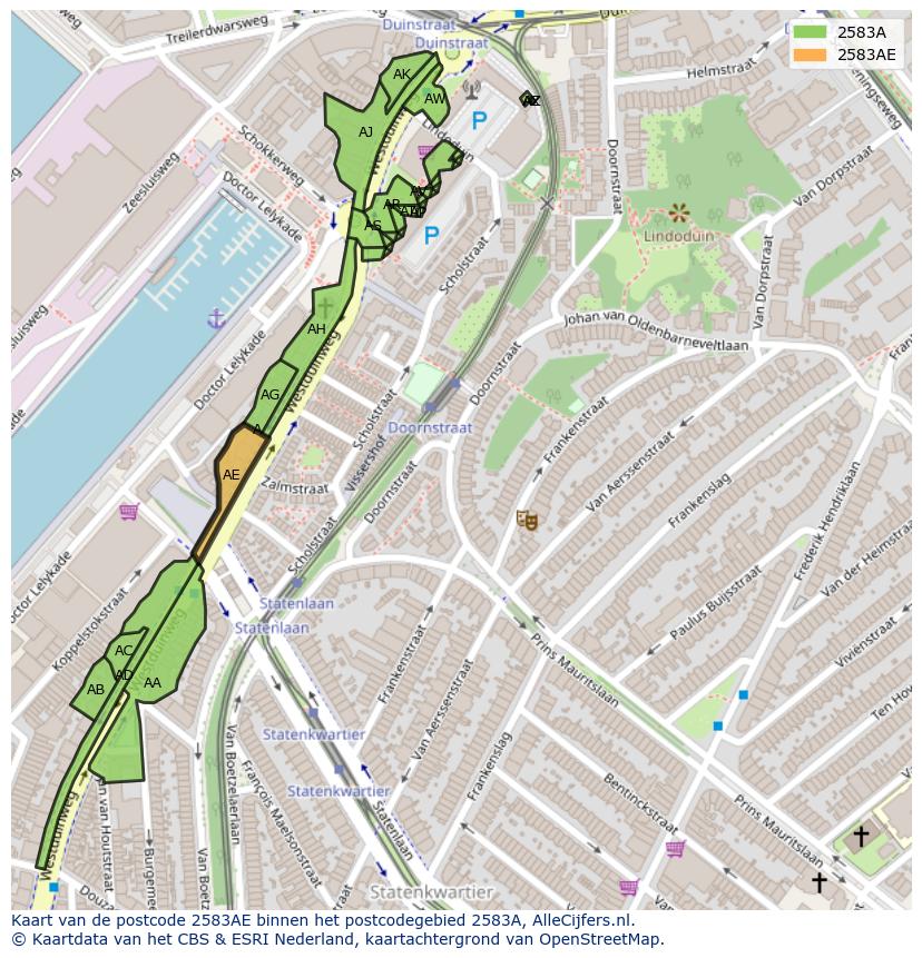 Afbeelding van het postcodegebied 2583 AE op de kaart.