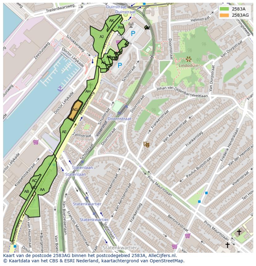 Afbeelding van het postcodegebied 2583 AG op de kaart.