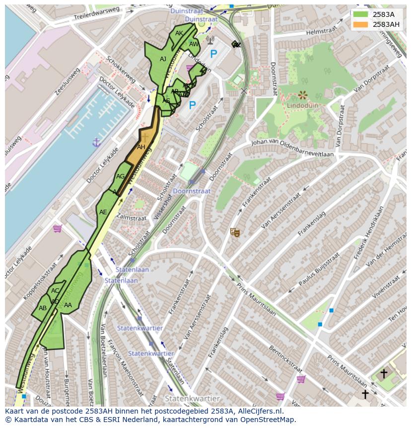 Afbeelding van het postcodegebied 2583 AH op de kaart.