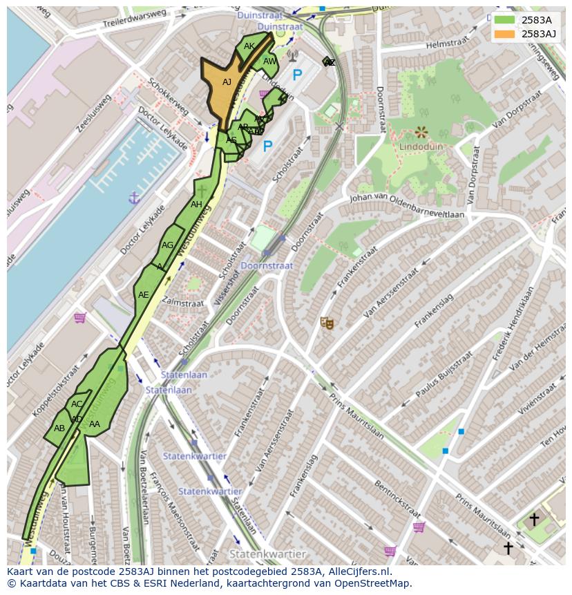 Afbeelding van het postcodegebied 2583 AJ op de kaart.