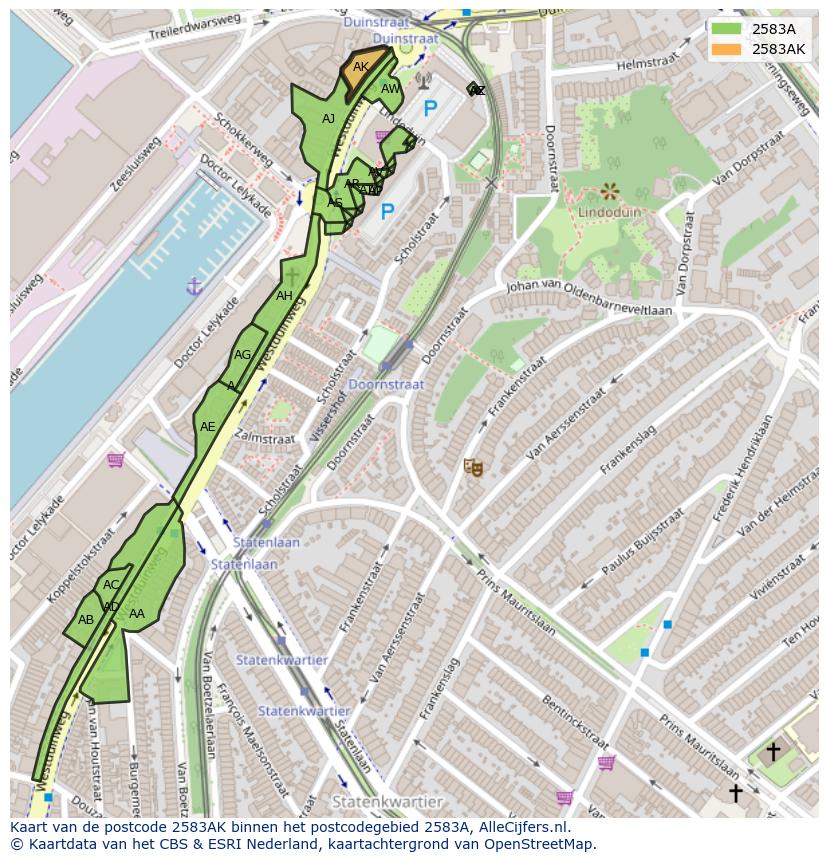 Afbeelding van het postcodegebied 2583 AK op de kaart.