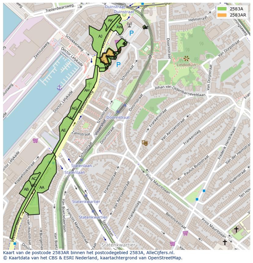 Afbeelding van het postcodegebied 2583 AR op de kaart.