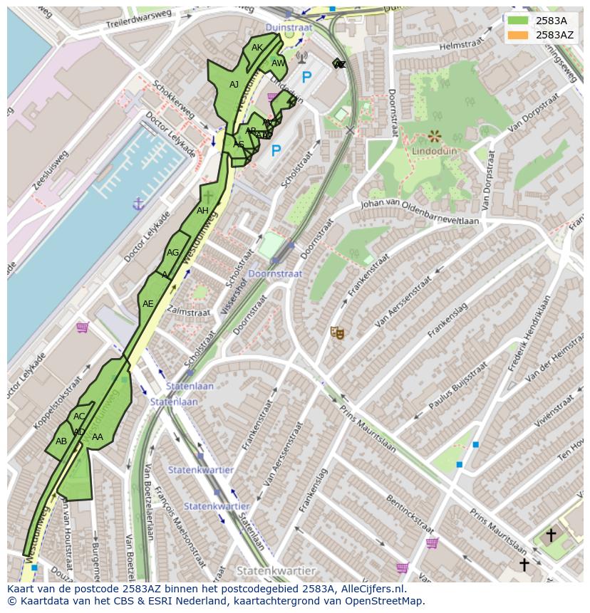 Afbeelding van het postcodegebied 2583 AZ op de kaart.