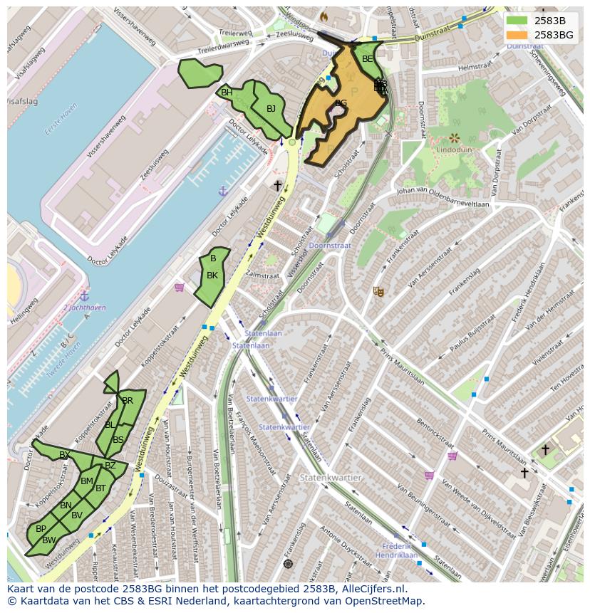 Afbeelding van het postcodegebied 2583 BG op de kaart.