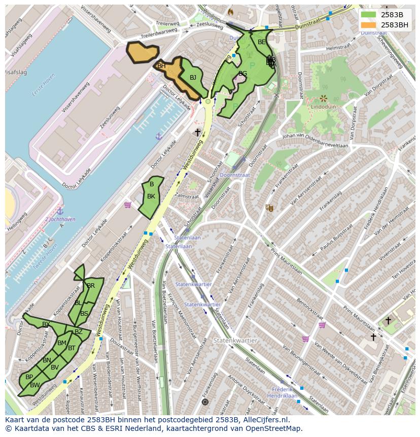 Afbeelding van het postcodegebied 2583 BH op de kaart.