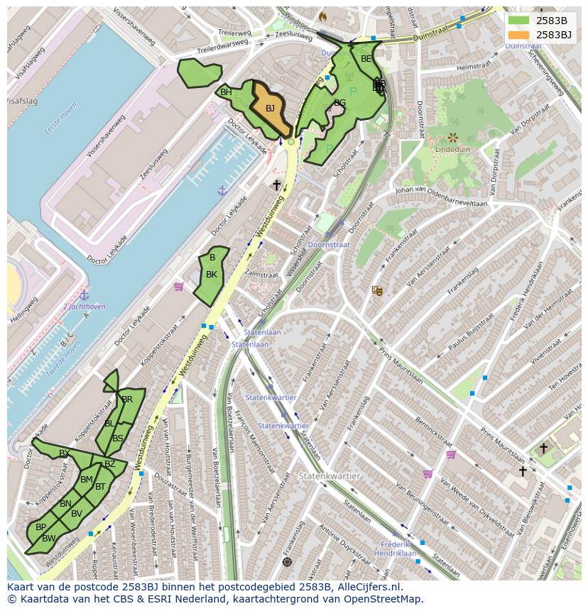 Afbeelding van het postcodegebied 2583 BJ op de kaart.