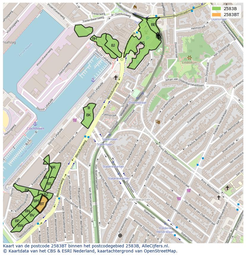 Afbeelding van het postcodegebied 2583 BT op de kaart.