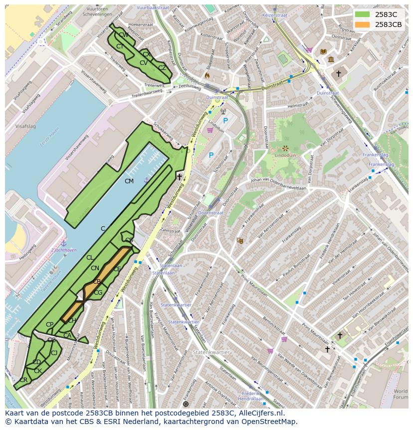Afbeelding van het postcodegebied 2583 CB op de kaart.