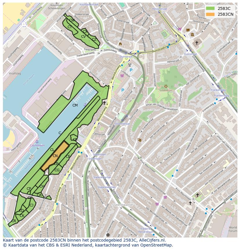 Afbeelding van het postcodegebied 2583 CN op de kaart.