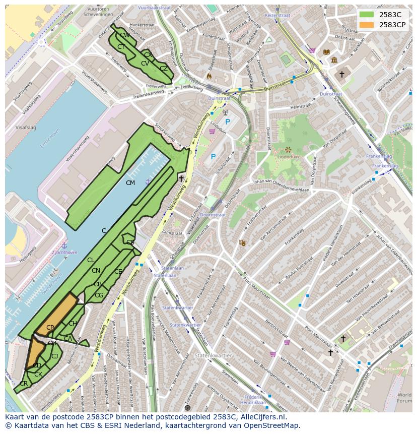 Afbeelding van het postcodegebied 2583 CP op de kaart.