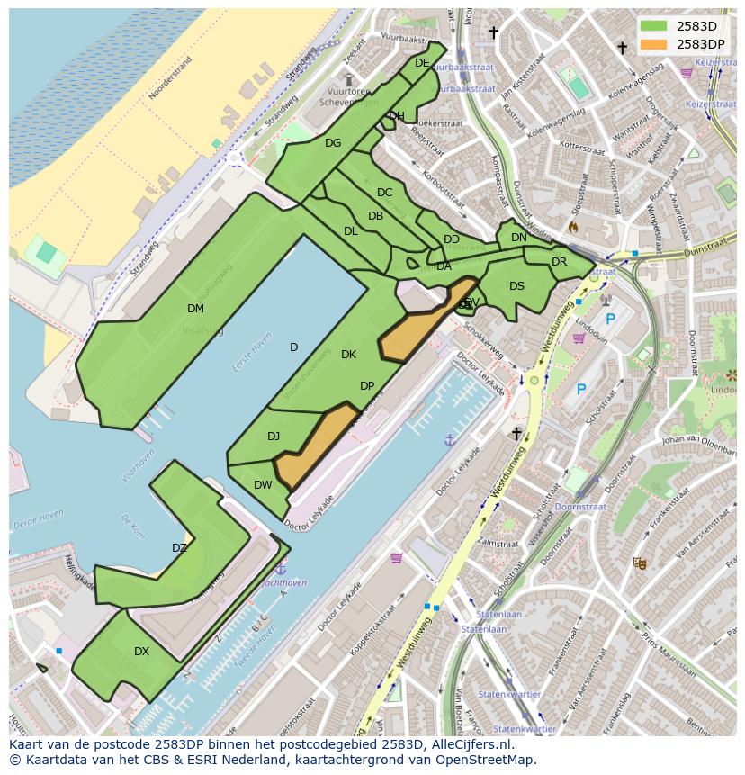 Afbeelding van het postcodegebied 2583 DP op de kaart.