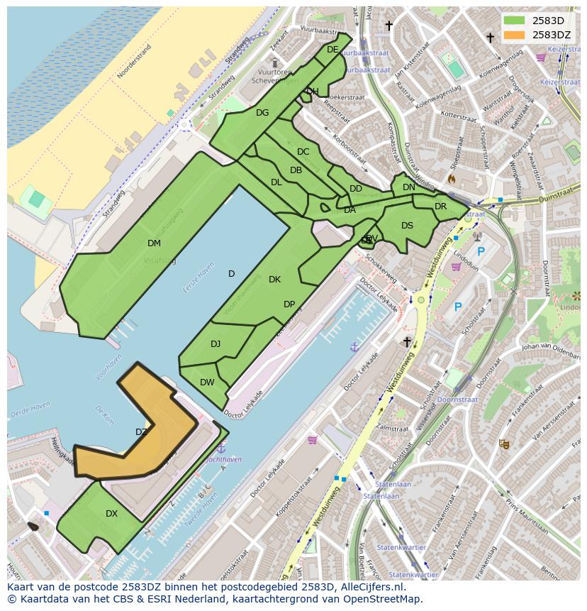 Afbeelding van het postcodegebied 2583 DZ op de kaart.