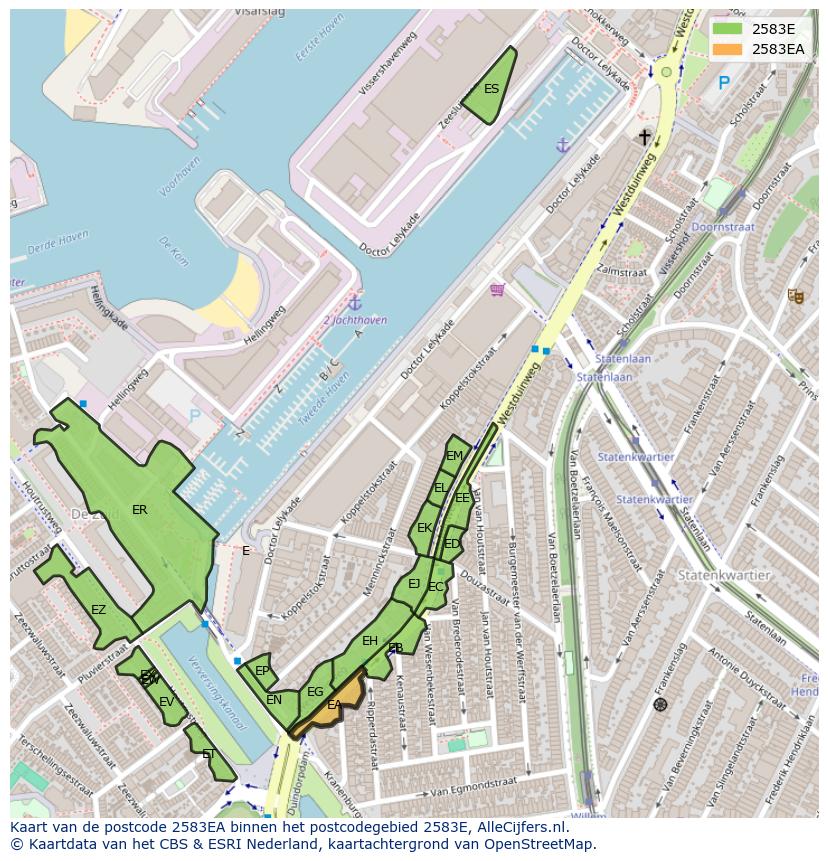 Afbeelding van het postcodegebied 2583 EA op de kaart.