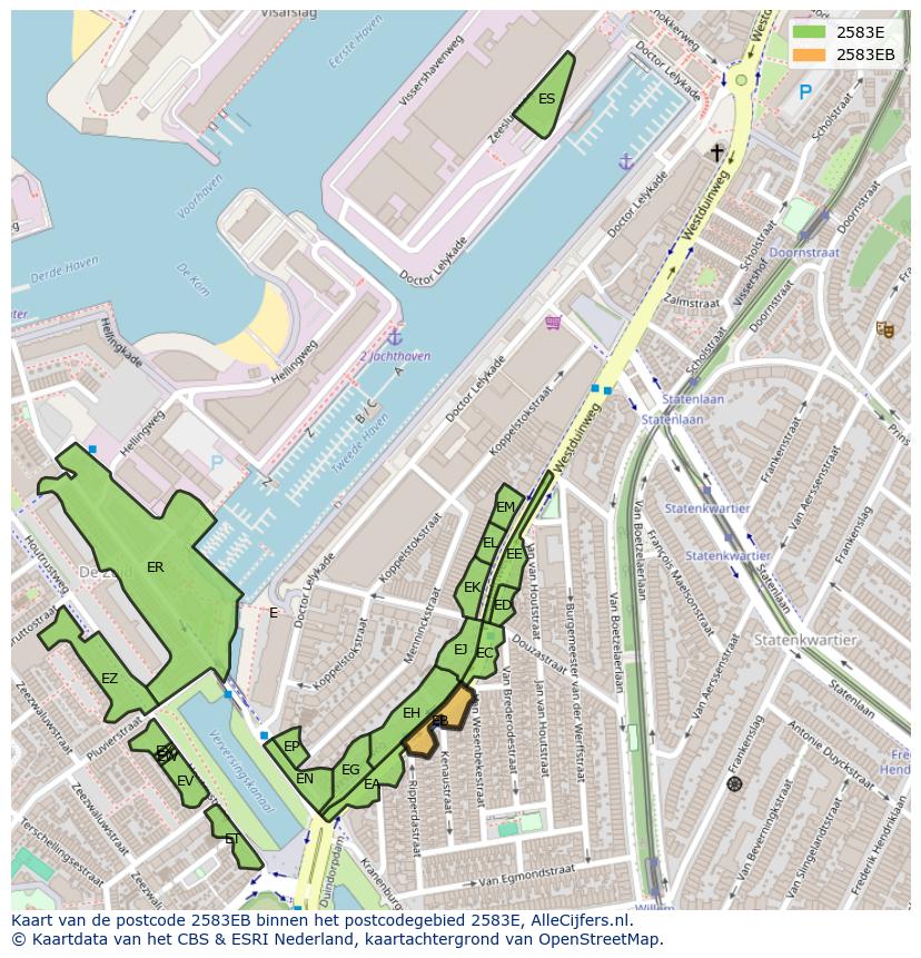 Afbeelding van het postcodegebied 2583 EB op de kaart.