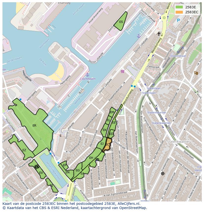 Afbeelding van het postcodegebied 2583 EC op de kaart.