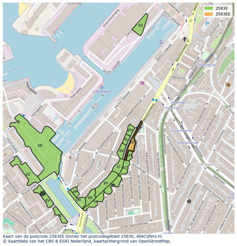 Afbeelding van het postcodegebied 2583 EE op de kaart.