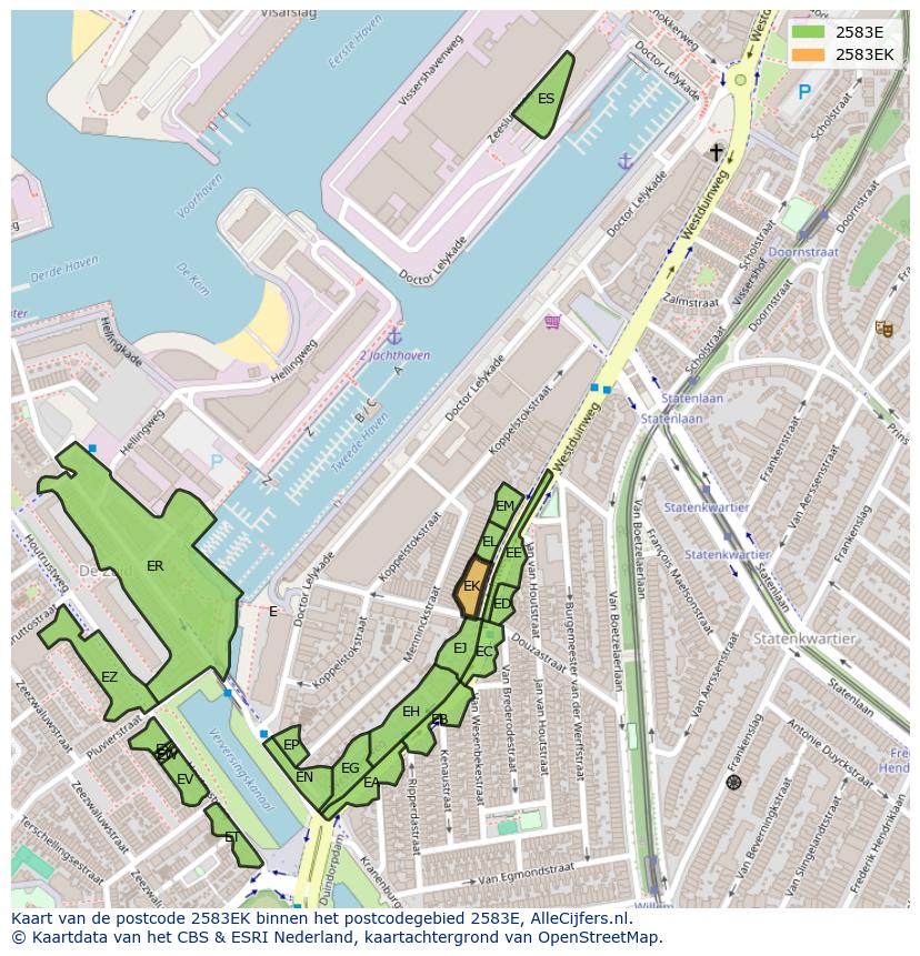 Afbeelding van het postcodegebied 2583 EK op de kaart.