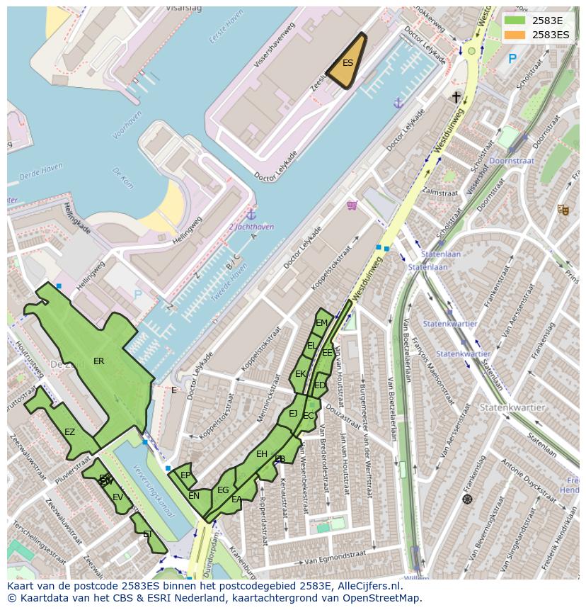 Afbeelding van het postcodegebied 2583 ES op de kaart.