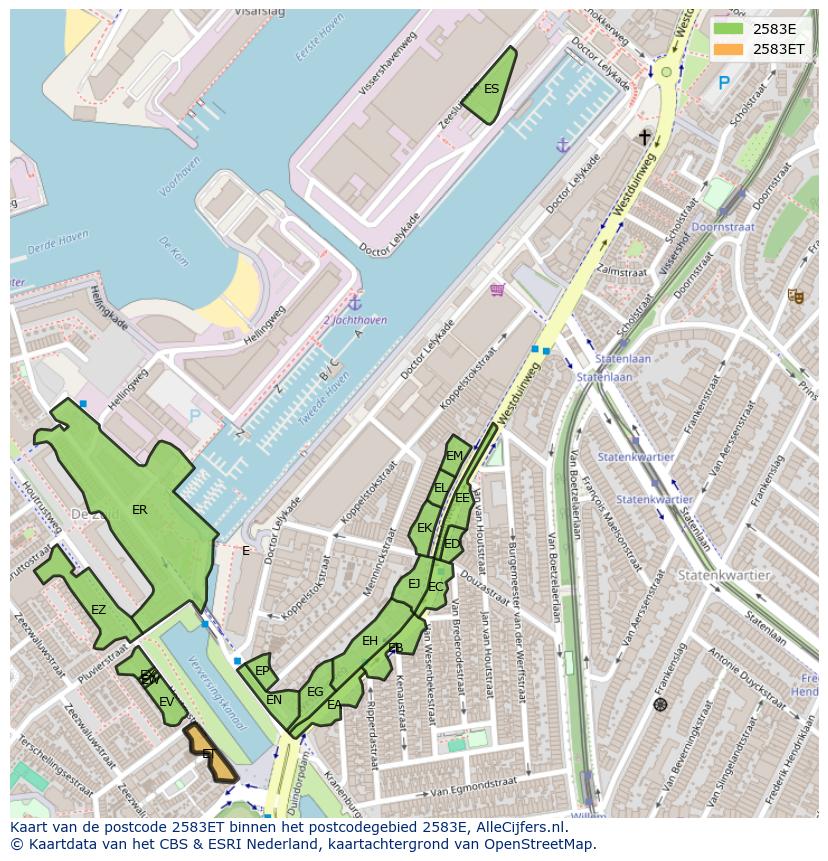 Afbeelding van het postcodegebied 2583 ET op de kaart.