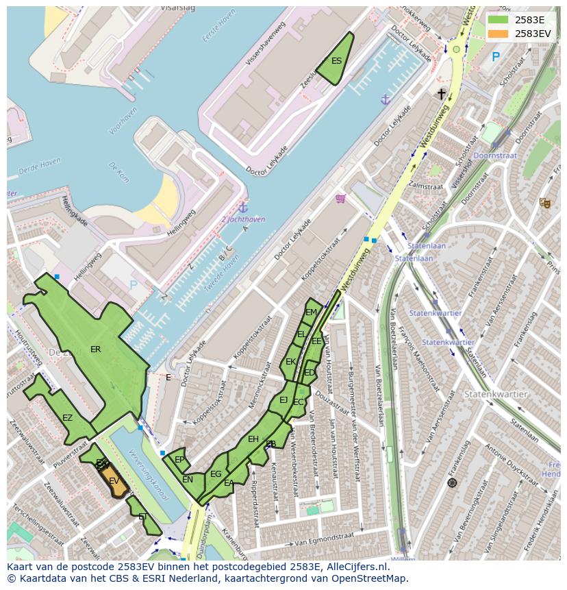 Afbeelding van het postcodegebied 2583 EV op de kaart.