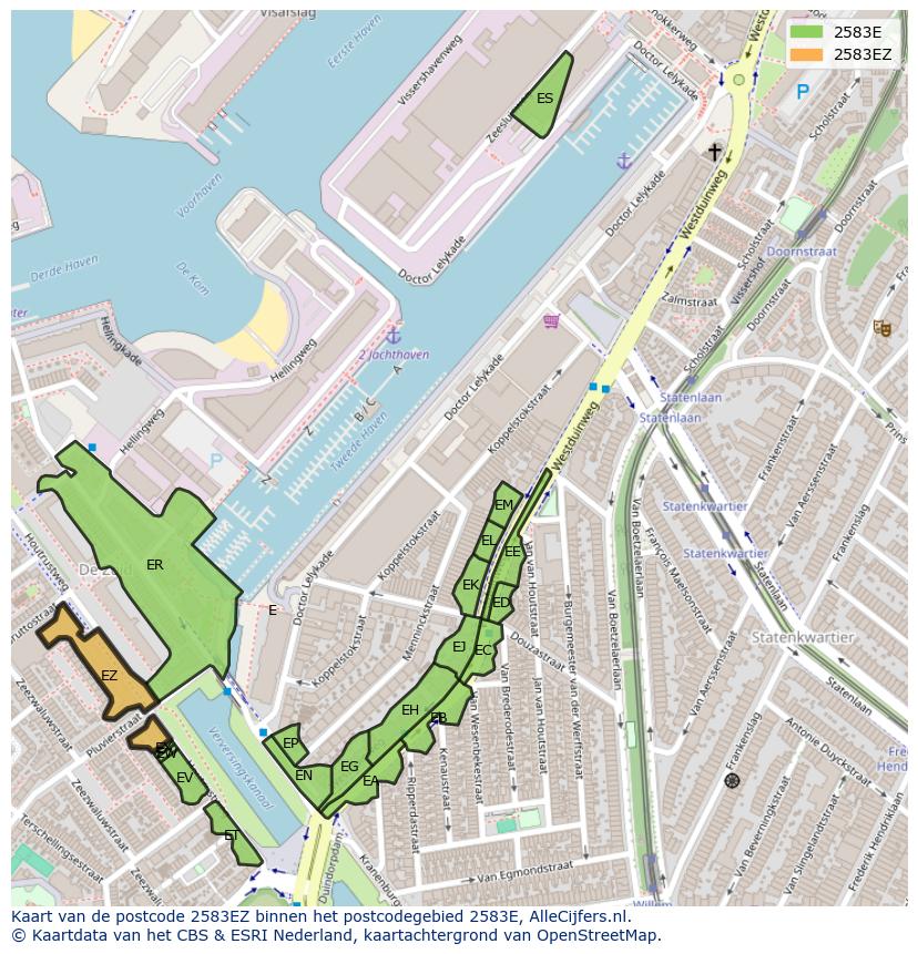 Afbeelding van het postcodegebied 2583 EZ op de kaart.