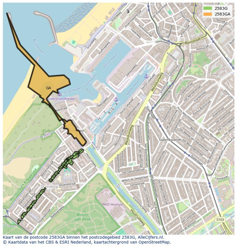 Afbeelding van het postcodegebied 2583 GA op de kaart.